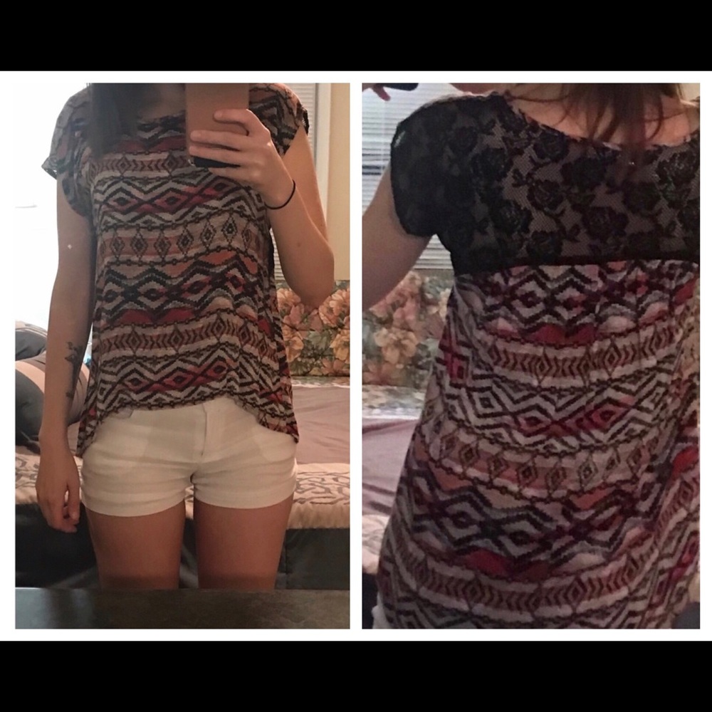 Abstract Pattern Top with Lace